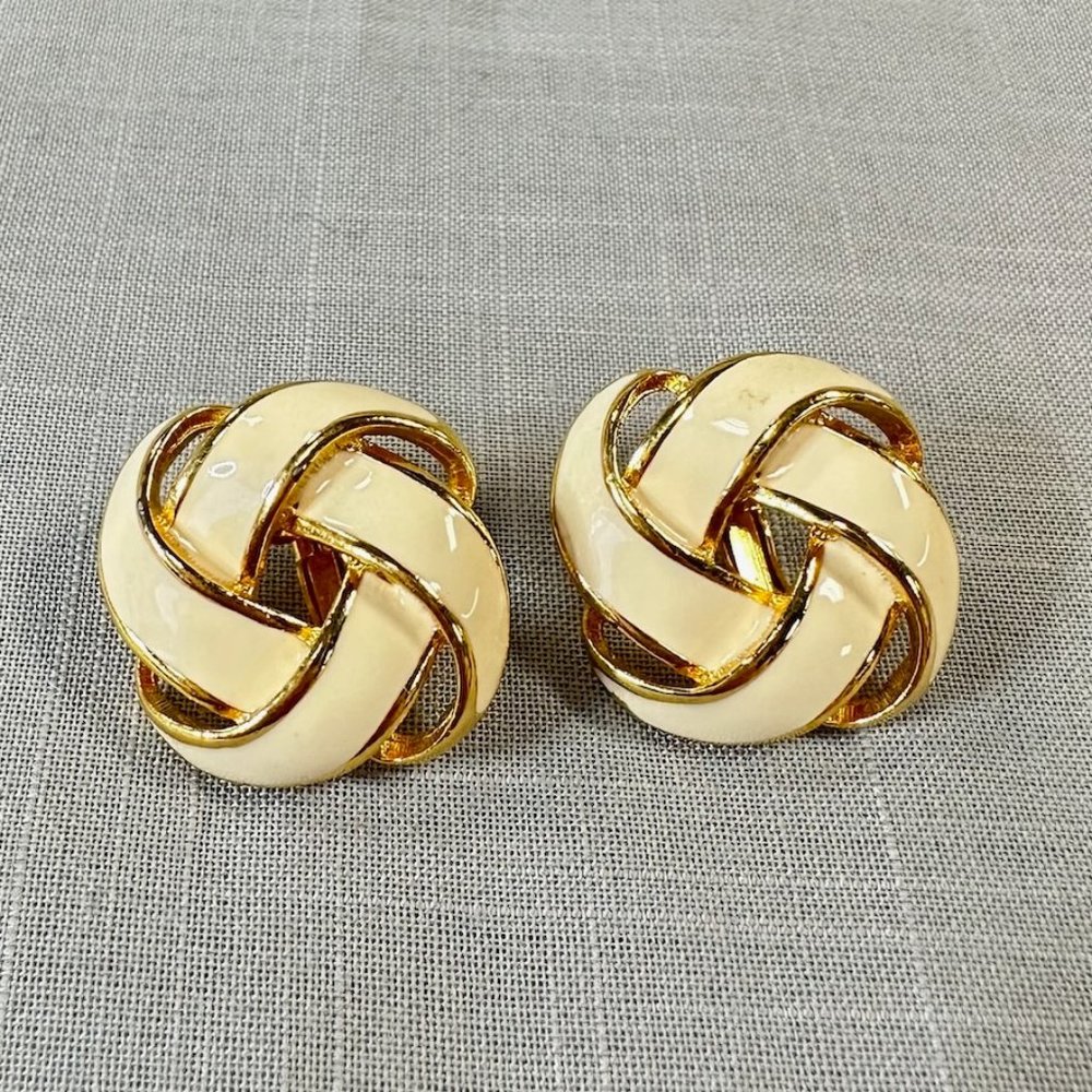 Vintage Napier Cream and Gold Tone Clip On Large Knot Earrings